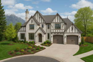 Tudor home with a chimney, a front yard, fence, a mountain view, and concrete driveway