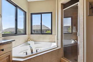 Bathroom with plenty of natural light, a shower stall, a bath, and vanity