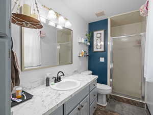 Bathroom with vanity, toilet, a textured ceiling, visible vents, and a stall shower