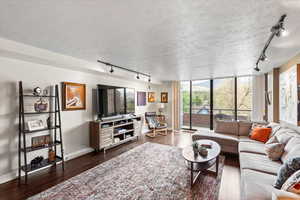 Living room featuring dark wood finished floors, baseboards, and rail lighting