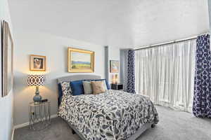 Carpeted bedroom featuring baseboards, a textured ceiling, and access to outside