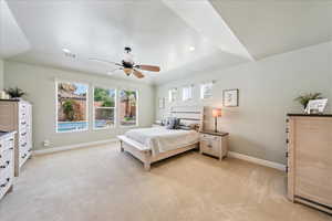 Bedroom featuring visible vents, baseboards, light colored carpet, recessed lighting, and a ceiling fan