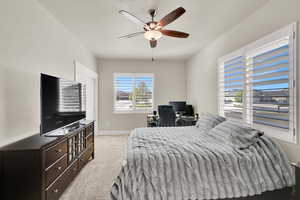 Bedroom featuring baseboards, a ceiling fan, and carpet