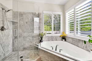 Full bath with a garden tub, a stall shower, and a healthy amount of sunlight