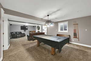 Rec room with carpet flooring, baseboards, visible vents, and billiards