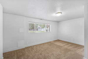 Unfurnished room featuring baseboards, carpet flooring, a textured ceiling, and visible vents