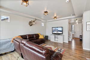 Living area featuring baseboards, light wood-type flooring, and a wealth of natural light