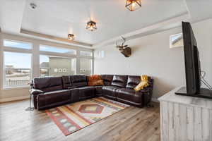 Living room with a raised ceiling, light wood finished floors, and a wealth of natural light
