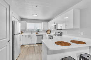 Kitchen featuring white cabinets, stainless steel appliances, a sink, and a peninsula