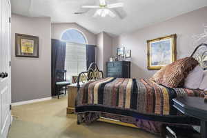 Bedroom with ceiling fan, visible vents, vaulted ceiling, baseboards, and carpet