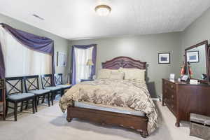 Carpeted bedroom featuring visible vents and a textured ceiling