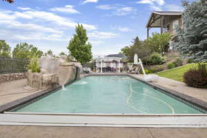 View of pool featuring a patio, a fenced in pool, and fence