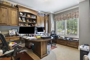 Office area with ornamental molding and carpet flooring