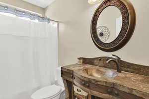 Full bath featuring toilet, a shower with curtain, and vanity