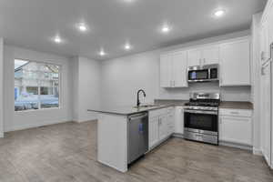 Kitchen with wood finished floors, a sink, a peninsula, stainless steel appliances, and white cabinetry