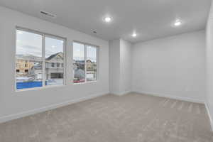 Spare room with a wealth of natural light, light colored carpet, and visible vents