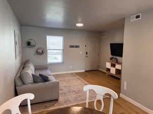Living area featuring visible vents, baseboards, and light wood-style floors