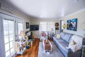 Living area featuring crown molding, baseboards, wood finished floors, and a healthy amount of sunlight