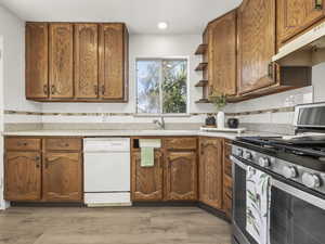 Kitchen with decorative backsplash, white dishwasher, stainless steel gas range oven, a sink, and under cabinet range hood