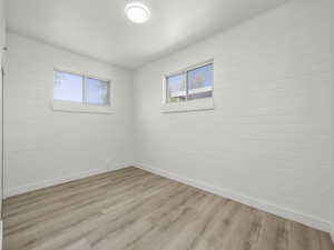 Spare room with baseboards, plenty of natural light, and light wood finished floors