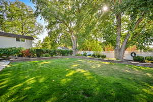View of beautifully manicured yard and stone border wall.