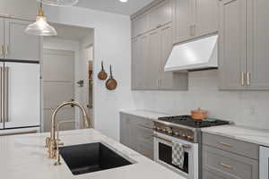 Kitchen featuring gray cabinets, backsplash, high quality appliances, a sink, and under cabinet range hood