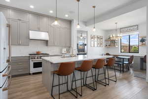 Kitchen featuring stainless steel range, white fridge with ice dispenser, backsplash, under cabinet range hood, and gray cabinetry