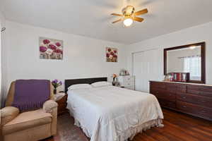 Bedroom with a ceiling fan, a closet, and dark wood-style floors