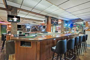 Bar with a dry bar, a paneled ceiling, wood finished floors, and wooden walls