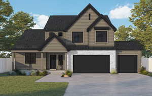View of front facade featuring a garage, a front lawn, fence, roof with shingles, and driveway