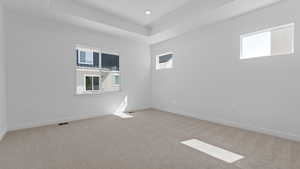 Carpeted empty room with baseboards, visible vents, and a raised ceiling