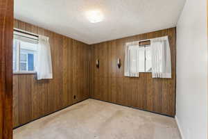 Spare room featuring carpet floors, a textured ceiling, and wooden walls