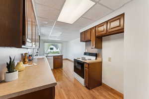 Kitchen featuring white dishwasher, light wood-type flooring, a paneled ceiling, and electric range oven