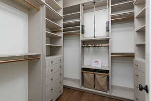 Walk in closet with dark wood-style floors