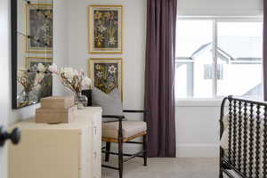 Bedroom with carpet floors and baseboards