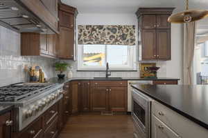 Kitchen with dark wood-style flooring, dark countertops, a sink, premium range hood, and stainless steel appliances
