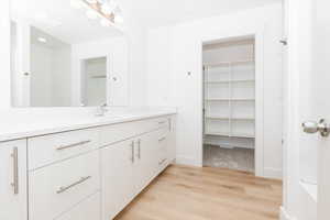 Bathroom with vanity, baseboards, wood finished floors, and a spacious closet