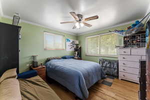 Bedroom featuring crown molding, a ceiling fan, and wood finished floors