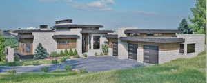 Modern home with driveway, stone siding, and a garage