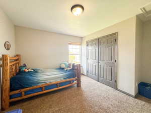Carpeted bedroom with visible vents and a closet