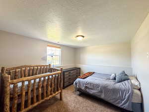 Bedroom with carpet floors, a textured ceiling, and visible vents