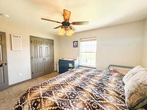 Bedroom featuring ceiling fan, baseboards, carpet, and a closet