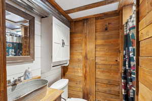 3/4 Bathroom with vanity, toilet, and wood walls