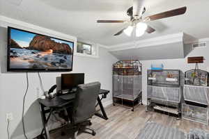 Office/bedroom area featuring a textured ceiling, ceiling fan, and vinyl floors