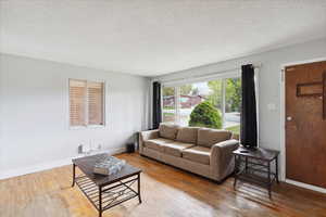 Living room with a textured ceiling and wood finished floors.  WIndow to breeze way.