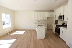Kitchen with appliances with stainless steel finishes, a sink, light wood finished floors, recessed lighting, and white cabinetry