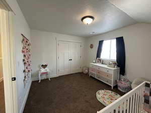 Bedroom featuring a closet, dark carpet, baseboards, a textured ceiling, and vaulted ceiling