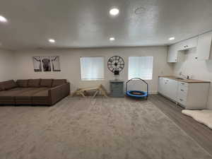 Living room with recessed lighting, baseboards, a textured ceiling, and wood finished floors