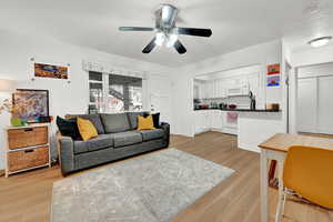Living room featuring ceiling fan and light wood finished floors