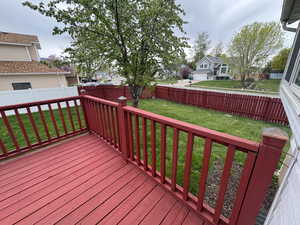 Deck featuring a lawn, a fenced backyard, and a residential view